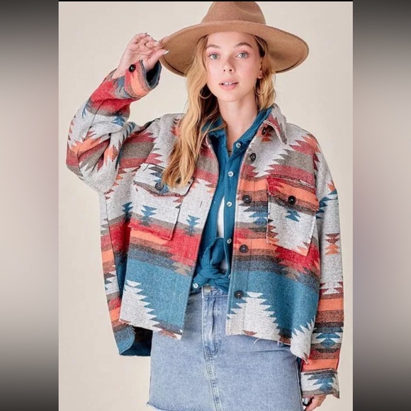 NEW! La Miel Women’s Southwestern Aztec Blanket Shacket Button Up Jacket - Picture 4 of 7